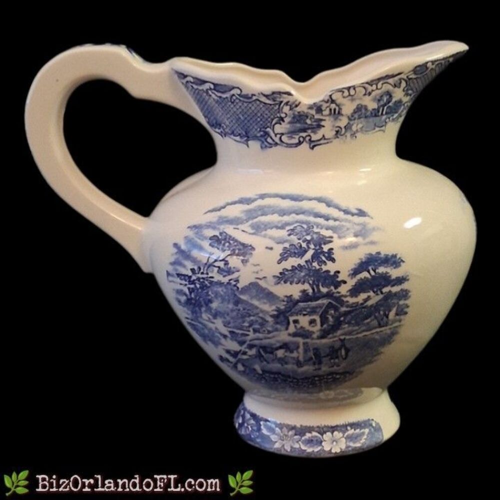 VINTAGE: Artmark Blue White Countryside Scene Transferware Pitcher Made In Japan